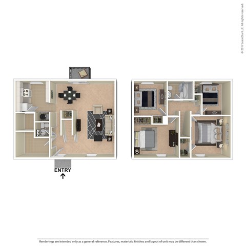 A floor plan of a two-bedroom apartment with an entry point indicated.